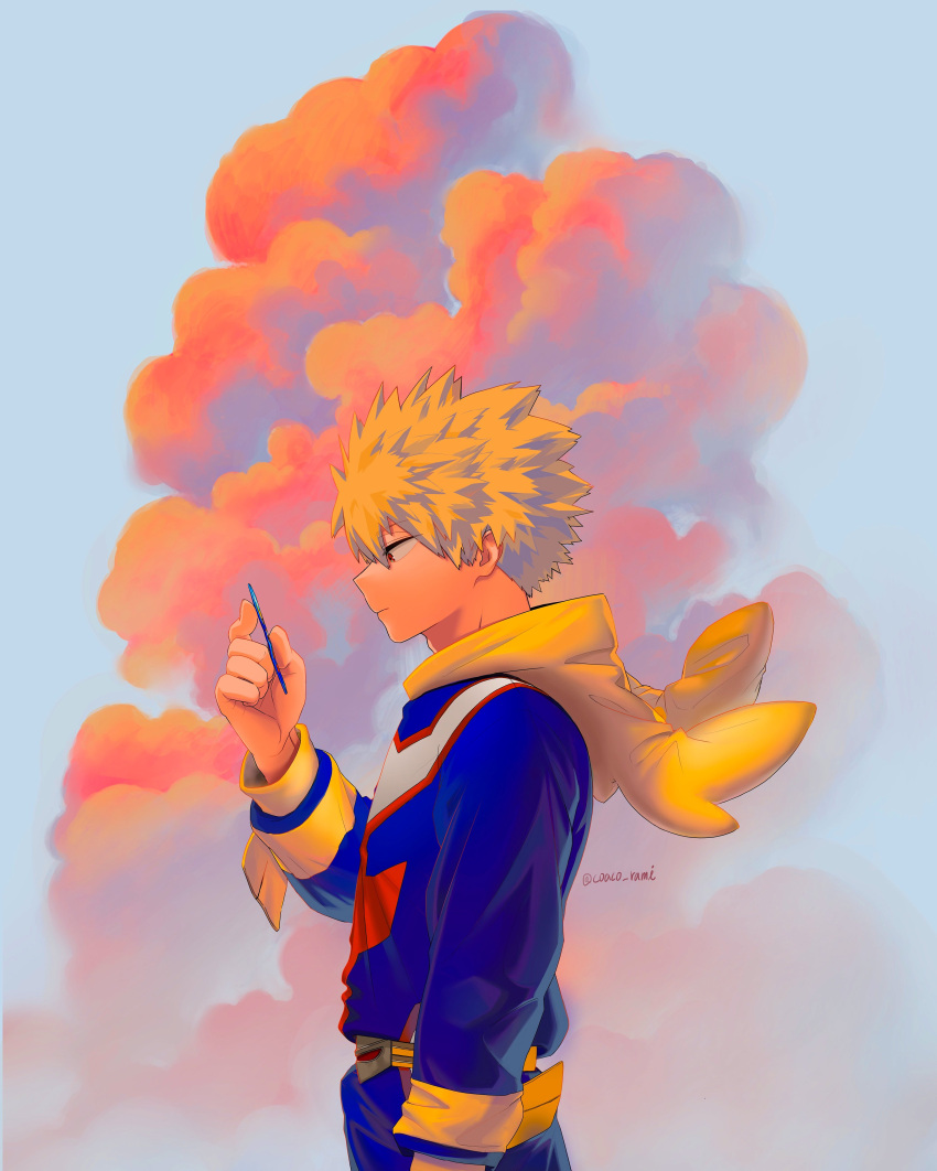 1boy absurdres arm_at_side bakugou_katsuki blonde_hair blue_sky boku_no_hero_academia card character_costume closed_mouth cloud cloudy_sky coaco_rami commentary_request cumulonimbus_cloud eyes_visible_through_hair floating_clothes floating_hair from_side hand_up highres holding holding_card hood hood_down korean_commentary long_sleeves male_focus onesie orange_clouds profile red_eyes revision short_hair sky sky_background solo spiked_hair spoilers trading_card twitter_username upper_body wind