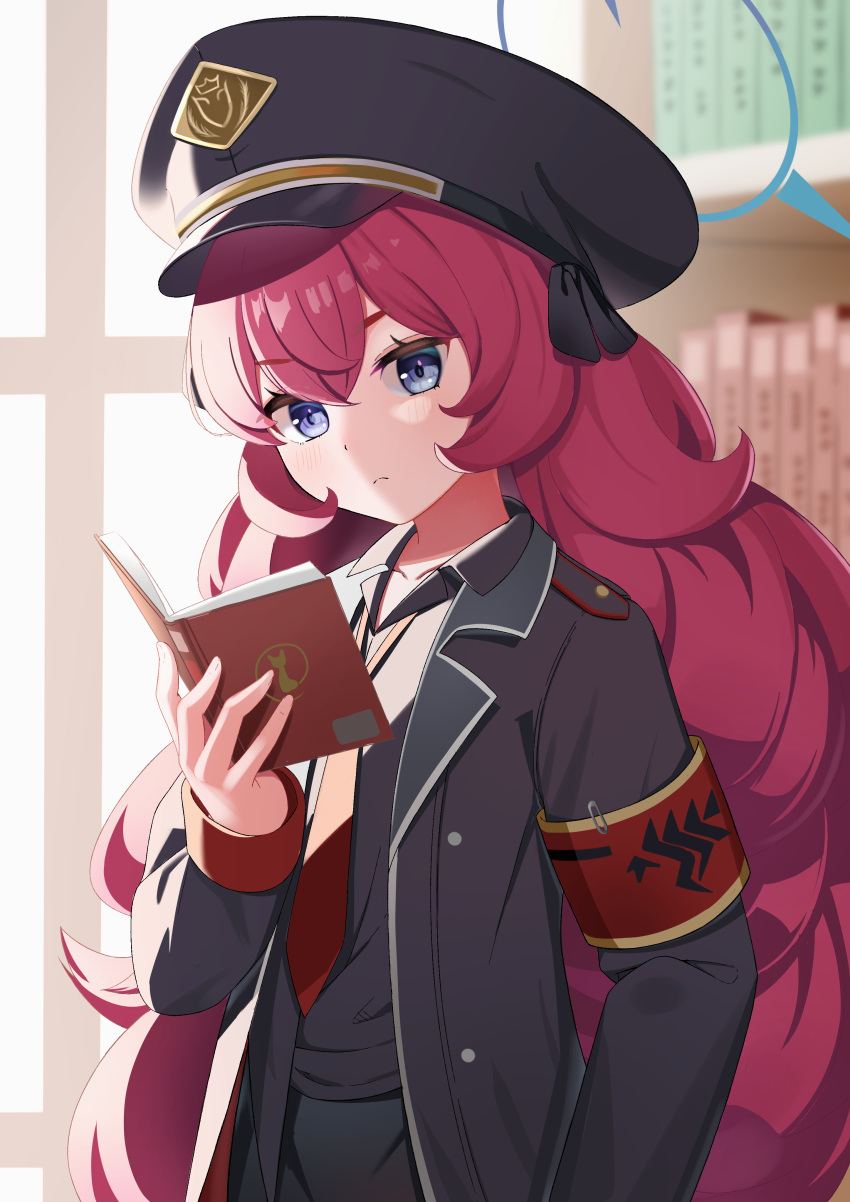 1girl absurdres armband backlighting bangs black_coat blue_archive blurry book bookshelf coat collared_shirt commentary_request depth_of_field hair_between_eyes halo hat highres holding holding_book indoors iroha_(blue_archive) long_hair long_sleeves looking_away necktie peaked_cap purple_eyes reading red_hair rindou_ringdong school_uniform shirt sidelocks solo sunlight wavy_hair window