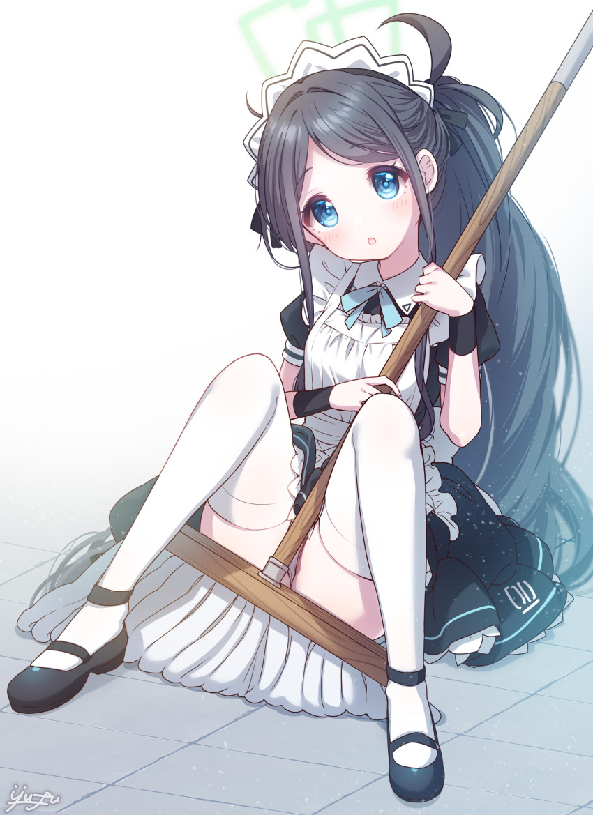 1girl absurdly_long_hair apron aris_(blue_archive) aris_(maid)_(blue_archive) black_dress black_footwear black_hair black_wristband blue_archive blue_eyes blue_hair breasts broom dark_blue_hair dress frilled_apron frills gradient_hair halo highres holding holding_broom long_hair looking_at_viewer maid maid_apron maid_headdress mary_janes multicolored_hair official_alternate_costume open_mouth panties puffy_short_sleeves puffy_sleeves ringed_eyes shoes short_sleeves sitting small_breasts solo thighhighs underwear very_long_hair white_apron white_panties white_thighhighs yufukiri