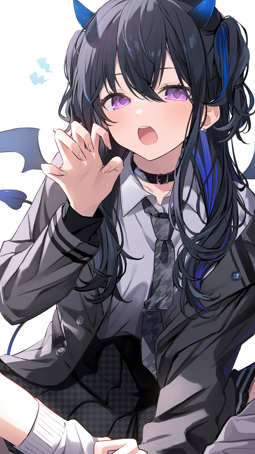 1girl absurdres black_collar black_hair black_horns black_jacket black_necktie black_skirt black_tail black_wings blue_hair blue_horns blue_tail blush butterfly_sitting claw_pose collar collared_shirt commentary demon_wings earrings fingernails gradient_horns gradient_tail gradient_wings grey_shirt hand_up highres horns ichinose_uruha jacket jewelry long_hair long_sleeves looking_at_viewer lupinus_virtual_games multicolored_hair multicolored_horns multicolored_wings necktie open_clothes open_jacket open_mouth purple_eyes shirt simple_background sitting skirt socks solo streaked_hair symbol-only_commentary teeth two-tone_hair two_side_up upper_teeth_only virtual_youtuber vspo! white_background white_socks wings yuzutouhu_ika