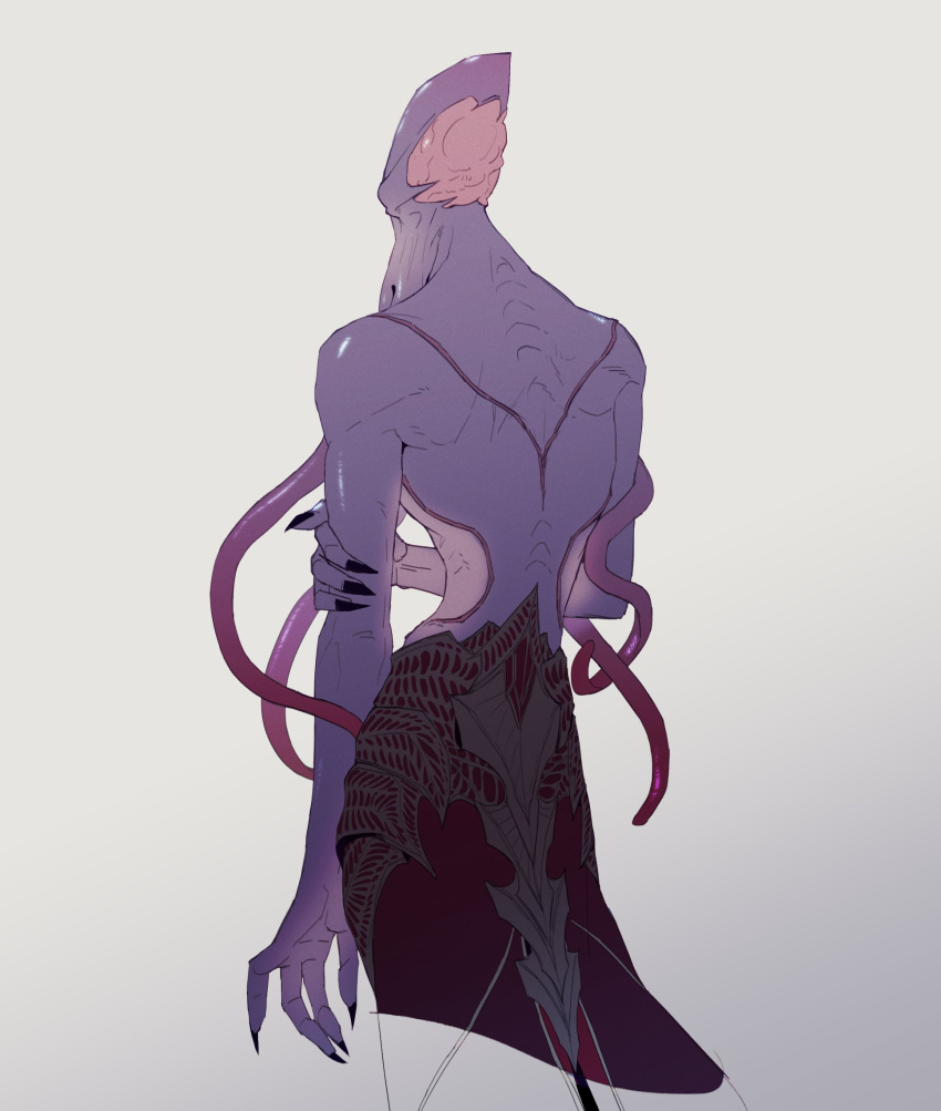 anthro back_muscles baldur's_gate clawed_fingers face_tentacles gspearind hi_res male mind_flayer muscular muscular_anthro purple_body rear_view shirtless simple_background solo tentacles the_emperor_(baldur's_gate) white_background