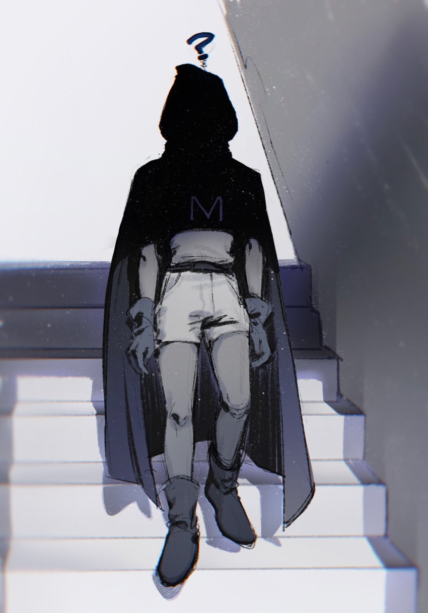 1boy ? airrrrrdy cape cloak english_commentary faceless faceless_male full_body gloves highres hood hooded_cloak kenny_mccormick male_child male_focus mysterion on_stairs shadow solo south_park superhero