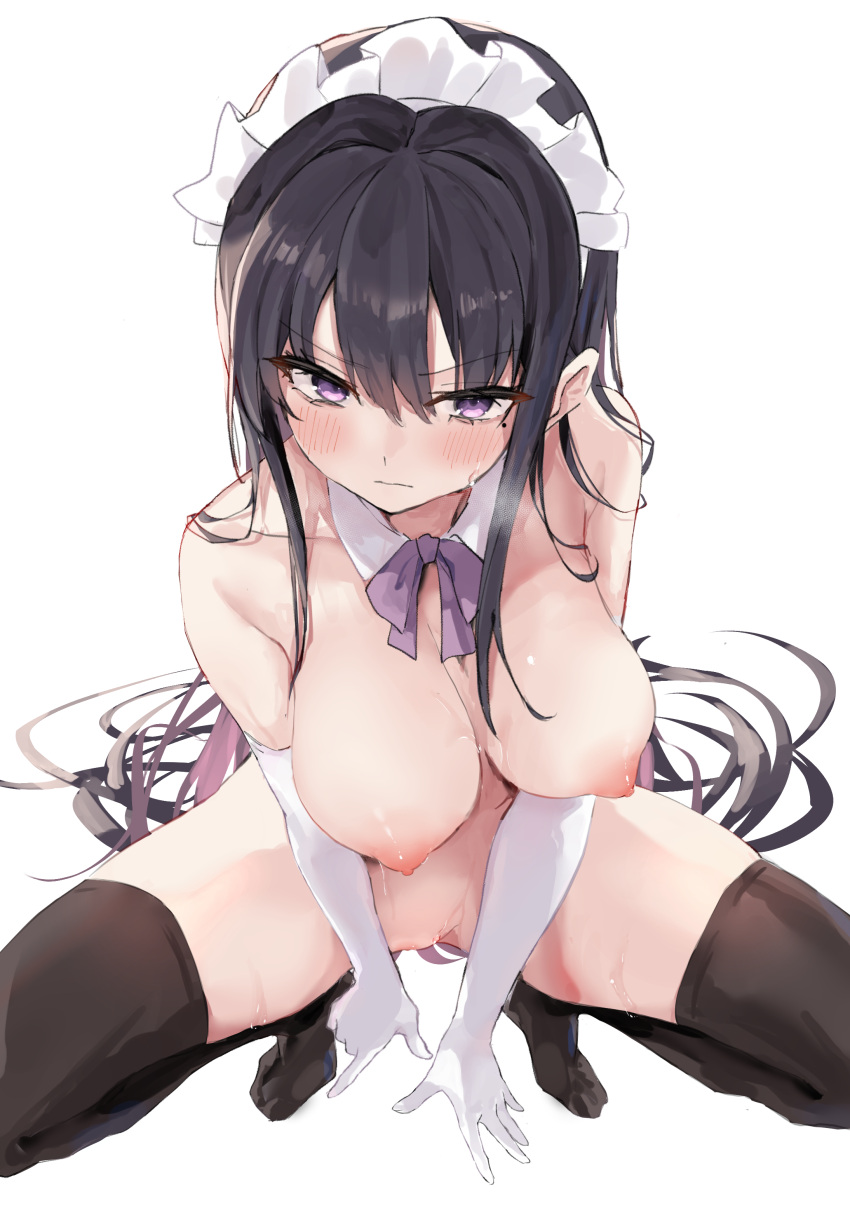 1girl absurdres black_hair black_thighhighs blush breasts closed_mouth commentary_request detached_collar elbow_gloves gloves hair_between_eyes highres large_breasts long_hair looking_at_viewer maid maid_headdress neck_ribbon nipples nude original partial_commentary purple_eyes purple_ribbon pussy_juice ribbon solo squatting sweat thighhighs toshizou_(0714) white_gloves