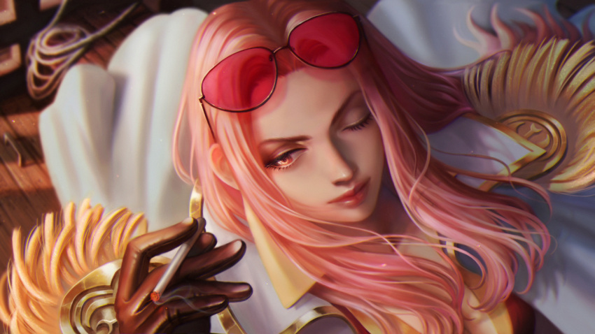 1girl cigarette closed_mouth coat epaulettes eyewear_on_head gloves hina_(one_piece) holding holding_cigarette long_hair one_eye_closed one_piece pbird pink_hair realistic smile solo solo_focus sunglasses uniform