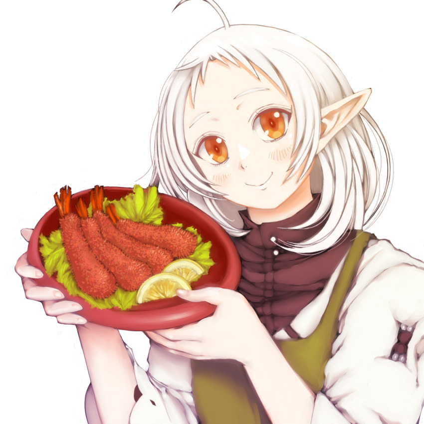 1girl ahoge apron bowl closed_mouth elf food green_apron highres holding holding_bowl kiyo_(a_sam_ko) looking_at_viewer medium_hair mushoku_tensei pointy_ears red_eyes smile solo sylphiette_(mushoku_tensei) white_background white_hair