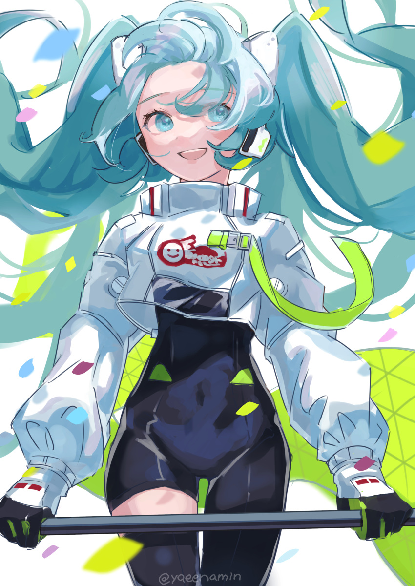 1girl absurdres aqua_eyes aqua_hair asymmetrical_bodysuit black_bodysuit black_gloves bodysuit boots commentary_request covered_navel cowboy_shot cropped_jacket facing_viewer flame_print floating_hair gloves green_flag green_gloves hatsune_miku highres holding holding_pole jacket long_hair long_sleeves open_mouth pole race_queen racing_miku racing_miku_(2022) sideways_glance single_leg_bodysuit single_thigh_boot single_thighhigh smile smiley_face solo text_print thigh_boots thighhighs twintails two-tone_gloves very_long_hair vocaloid white_jacket wind ya_enami