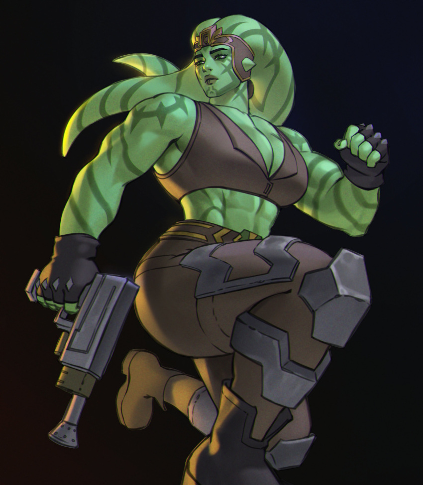 absurdres alien breasts cleavage clenched_hand colored_skin facial_mark fingerless_gloves gloves green_skin gun handgun highres looking_to_the_side mihail_dava muscular muscular_female on_one_knee saleen_jarvik_(ivynotorious) star_wars tank_top tentacle_hair thick_thighs thighs twi'lek weapon