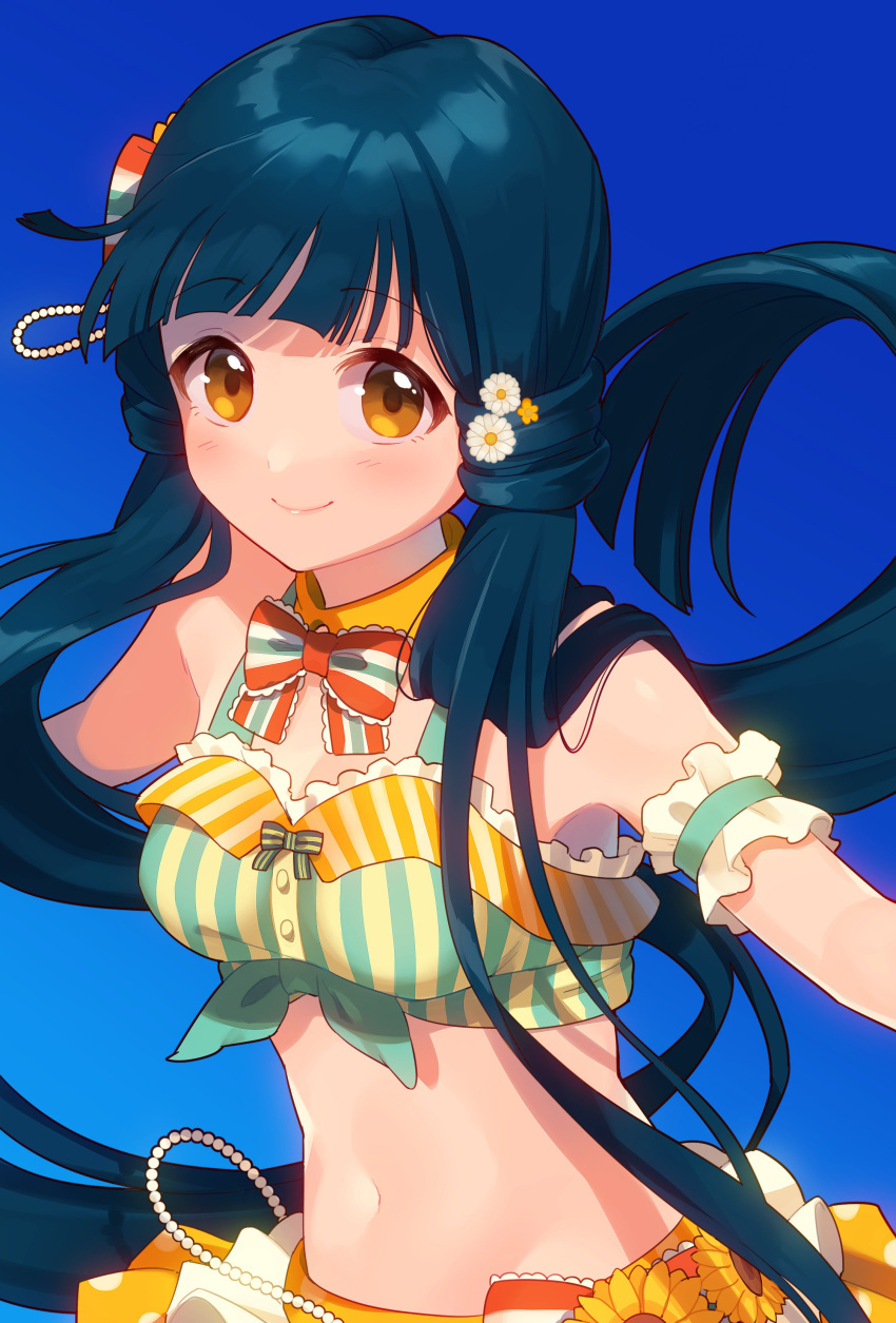 1girl absurdres blue_background blue_hair blush breasts brown_eyes cleavage closed_mouth cropped_shirt detached_collar flower gem gradient_background hair_flower hair_ornament highres idolmaster idolmaster_million_live! idolmaster_million_live!_theater_days jewelry kitakami_reika long_hair looking_at_viewer low_twintails medium_breasts midriff multicolored_ribbon multicolored_shirt navel outstretched_arms pearl_(gemstone) polka_dot polka_dot_skirt ribbon sash scrunchie shirt simple_background skirt smile solo striped striped_shirt sunflower twintails uso_(ameuzaki) very_long_hair yellow_collar yellow_skirt