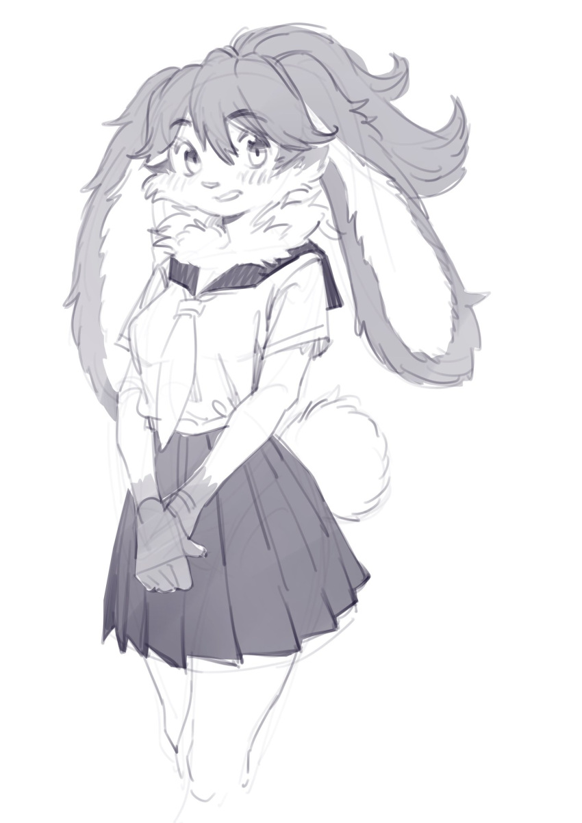 2023 anthro aruurara asian_clothing bottomwear clothing east_asian_clothing eyebrows female floppy_ears hi_res japanese_clothing japanese_school_uniform kemono lagomorph lepi leporid looking_at_viewer lop_(star_wars_visions) mammal monochrome neck_tuft necktie pleated_skirt rabbit school_uniform serafuku sketch skirt solo star_wars star_wars_visions tuft uniform