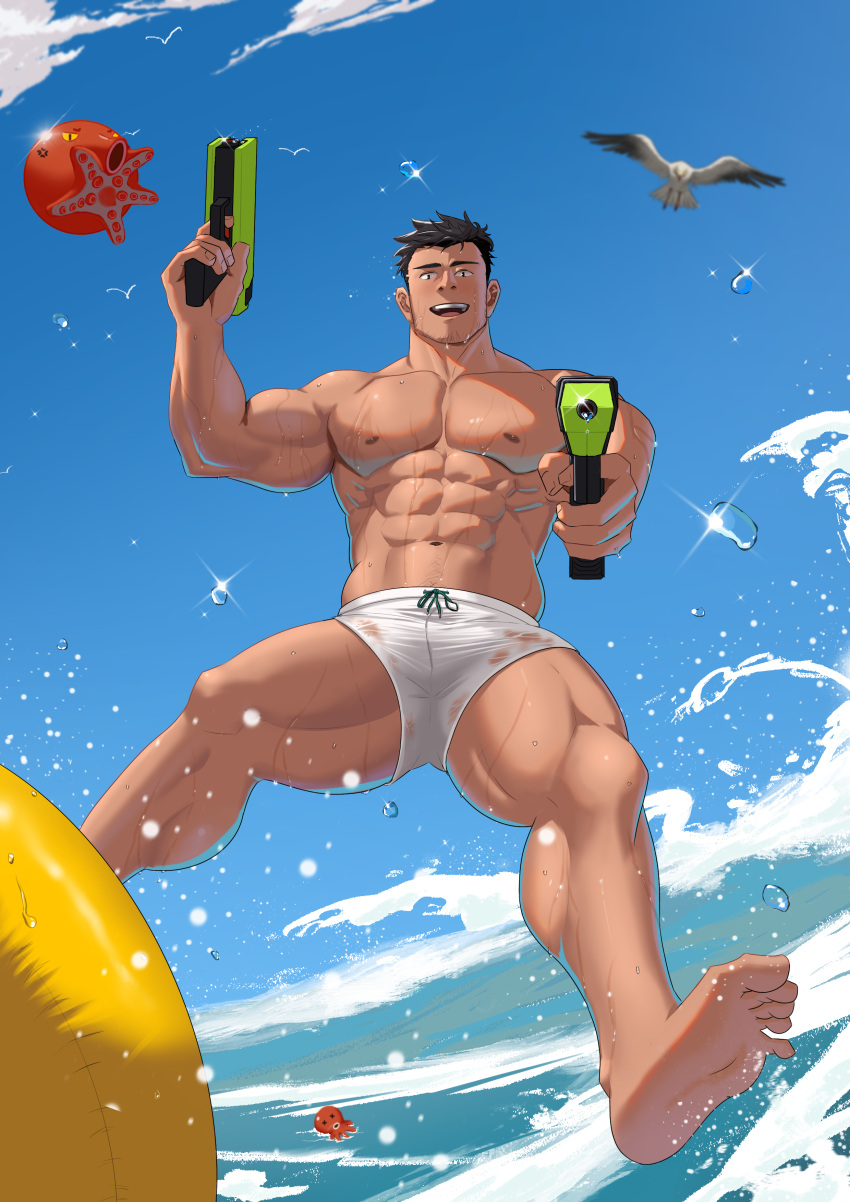 1boy abs absurdres aiming aiming_at_viewer bara bare_pectorals barefoot beard_stubble bird black_hair collarbone dark-skinned_male dark_skin dual_wielding floating highres holding innertube looking_at_viewer male_focus male_swimwear muscular muscular_male nipples ocean octopus open_mouth original pectorals seagull short_hair smile solo swim_trunks swimsuit tanglijianxue thick_thighs thighs topless_male water_drop water_gun wet wet_clothes wet_swimsuit white_male_swimwear