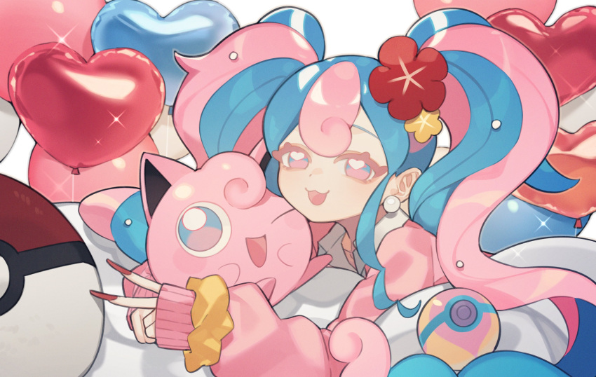 1girl balloon cardigan earrings fairy_miku_(project_voltage) flower hair_flower hair_ornament hatsune_miku heal_ball heart_balloon highres jewelry jigglypuff long_hair looking_at_viewer nail_polish one_eye_closed pink_cardigan poke_ball pokemon pokemon_(creature) prat_rat project_voltage scrunchie twintails v very_long_hair vocaloid wrist_scrunchie