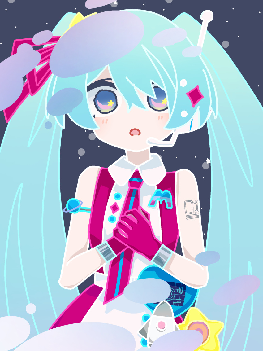 +_+ 1girl absurdres aqua_hair arm_tattoo bare_shoulders blue_hair commentary future_eve_(vocaloid) gloves hair_ornament hair_ribbon hatsune_miku headset highres long_hair looking_at_viewer magical_mirai_(vocaloid) magical_mirai_miku magical_mirai_miku_(2022) multicolored_eyes necktie open_mouth ribbon sleeveless solo space tattoo twintails umitukisan very_long_hair vocaloid