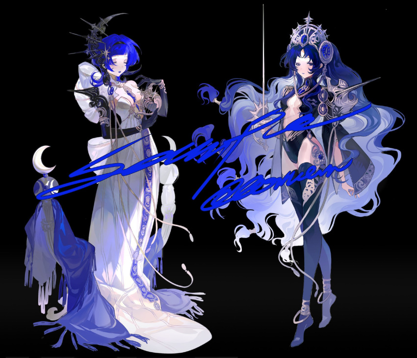 2girls black_background black_gloves blue_eyes blue_hair blue_lips breasts cleavage closed_mouth dress earrings elbow_gloves english_text gillannn gloves hair_between_eyes hair_ornament harp highres holding holding_instrument holding_sword holding_weapon instrument jewelry lipstick long_dress long_hair long_sleeves makeup medium_breasts multiple_girls navel original serious short_hair sidelocks simple_background standing sword weapon white_dress