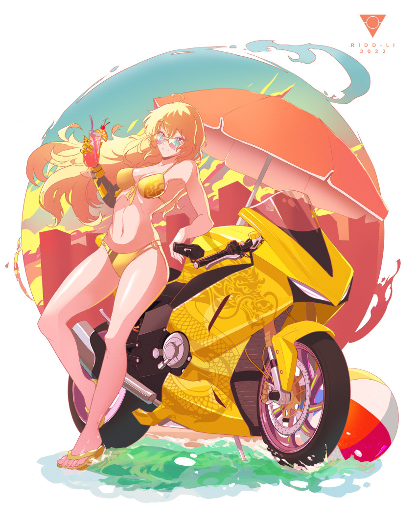 1girl 2023 ahoge artist_name ball beachball bikini blonde_hair blue_eyes border breasts cherry cleavage drinking_straw english_commentary food front-tie_bikini_top front-tie_top fruit headlight highres large_breasts leaning_on_object long_hair long_legs looking_at_viewer mechanical_arms motor_vehicle motorcycle navel o-ring o-ring_bikini orange_(fruit) orange_slice prosthesis rear-view_mirror ridd-li rwby smile solo sunglasses swimsuit thighs tropical_drink umbrella very_long_hair water white_border windshield yang_xiao_long yellow_bikini