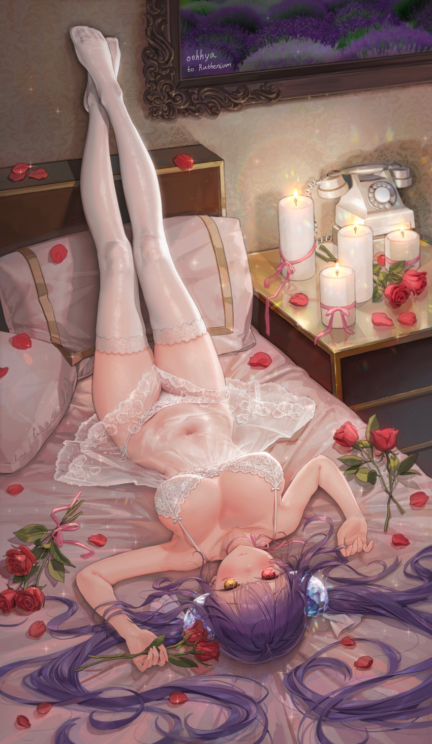 1girl absurdres artist_name babydoll bed black_hair breasts candle closed_mouth commentary crossed_ankles feet feet_up flower full_body hair_ornament heterochromia highres indoors lace-trimmed_legwear lace_trim large_breasts legs long_hair looking_at_viewer lying navel neck_ribbon no_shoes on_back on_bed oohhya original painting_(object) panties petals phone pillow purple_hair red_eyes red_flower red_rose ribbon rose see-through side-tie_panties sleepwear smile solo spaghetti_strap string_panties symbol-only_commentary thighhighs thighs toes twintails underwear upside-down white_babydoll white_panties white_thighhighs yellow_eyes
