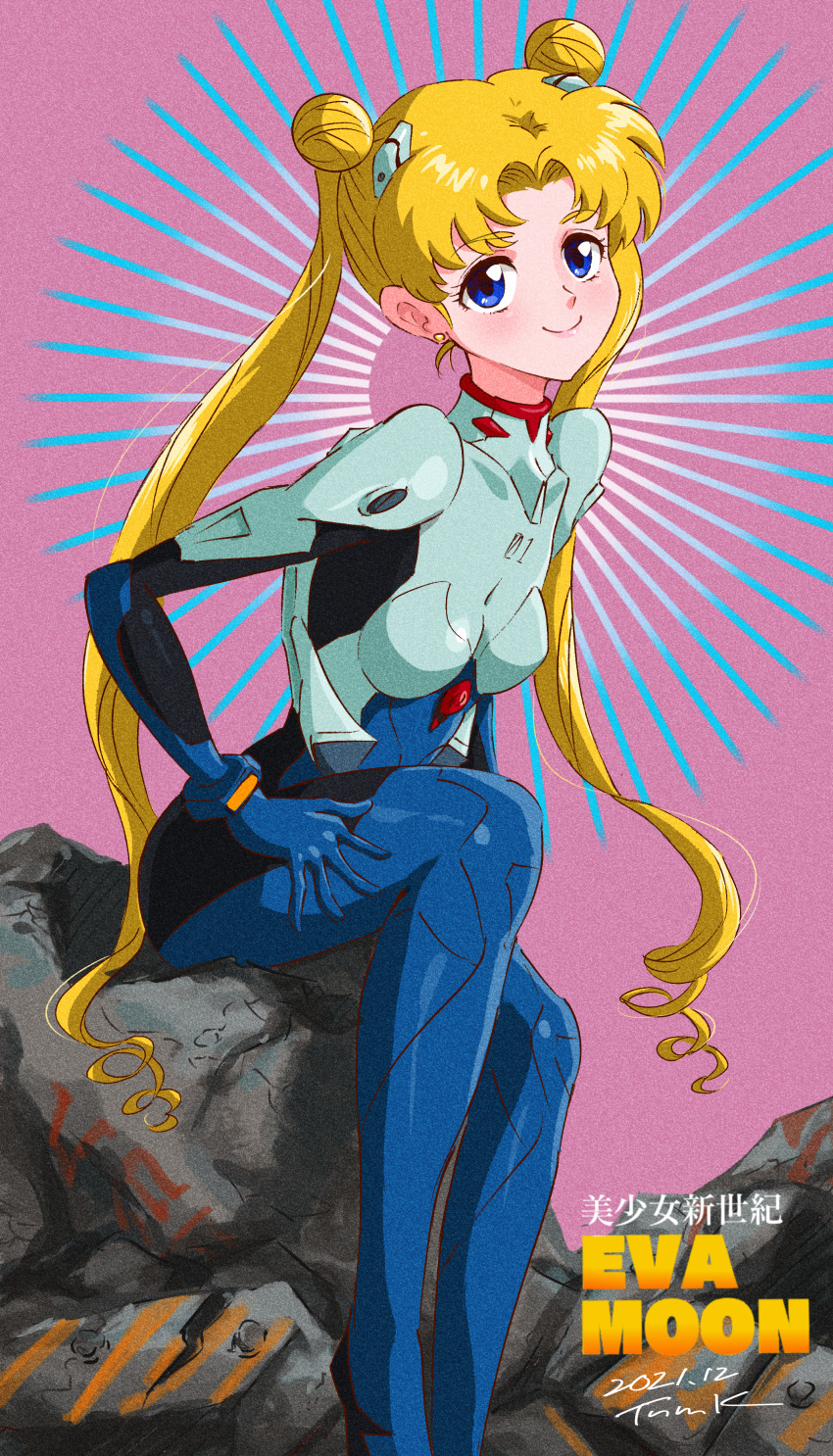 1girl absurdres bishoujo_senshi_sailor_moon blonde_hair blue_eyes cosplay double_bun earrings hair_bun highres ikari_shinji ikari_shinji_(cosplay) interface_headset jewelry long_hair looking_at_viewer neon_genesis_evangelion plugsuit purple_background rubble sitting tsukino_usagi tsunemoku twintails