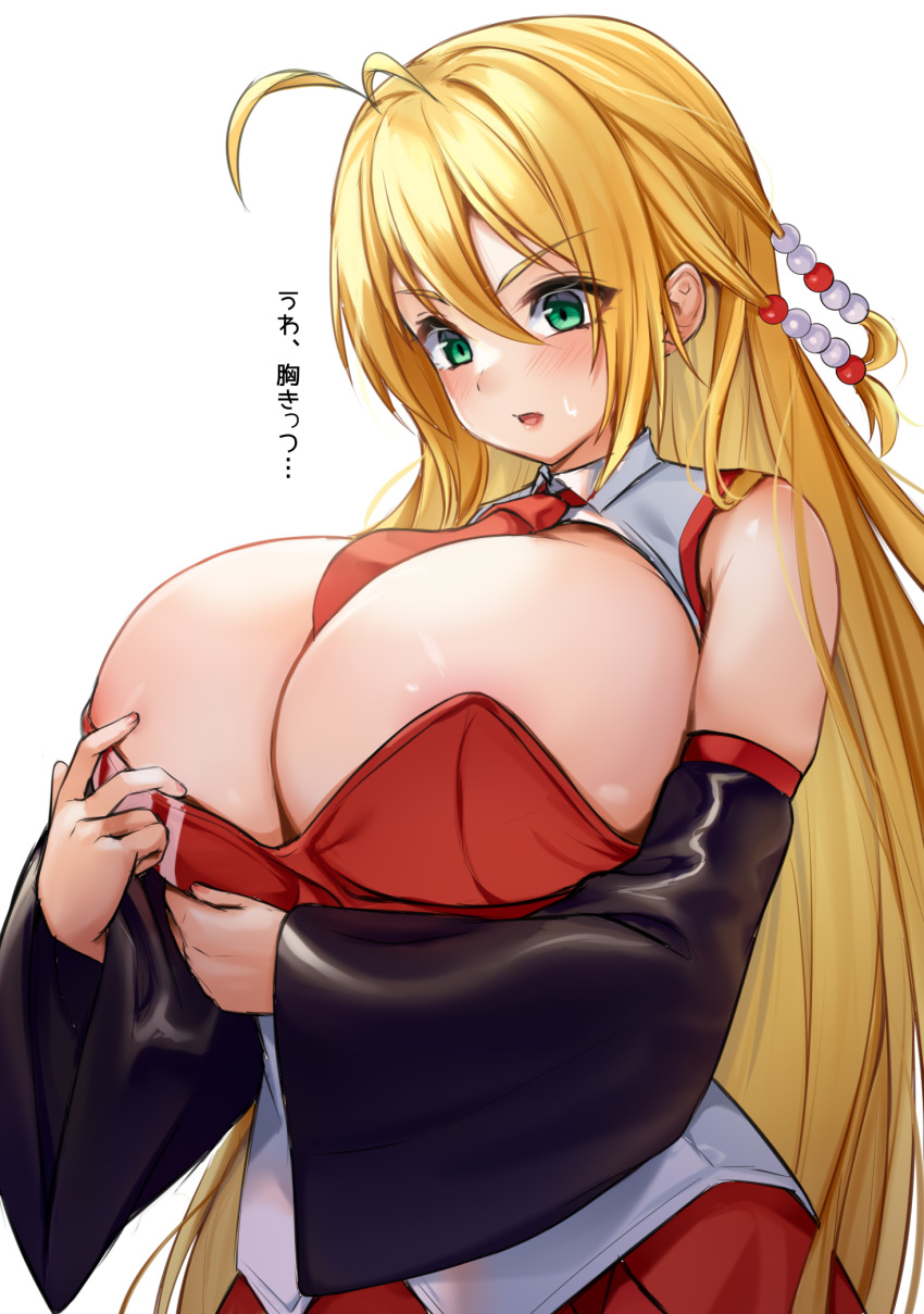 1girl antenna_hair between_breasts black_sleeves blonde_hair blush breasts cleavage detached_sleeves green_eyes hair_between_eyes highres huge_breasts long_hair necktie open_mouth red_necktie red_skirt simple_background skirt solo tenneko_yuuri translation_request tsurumaki_maki upper_body very_long_hair voiceroid white_background wide_sleeves