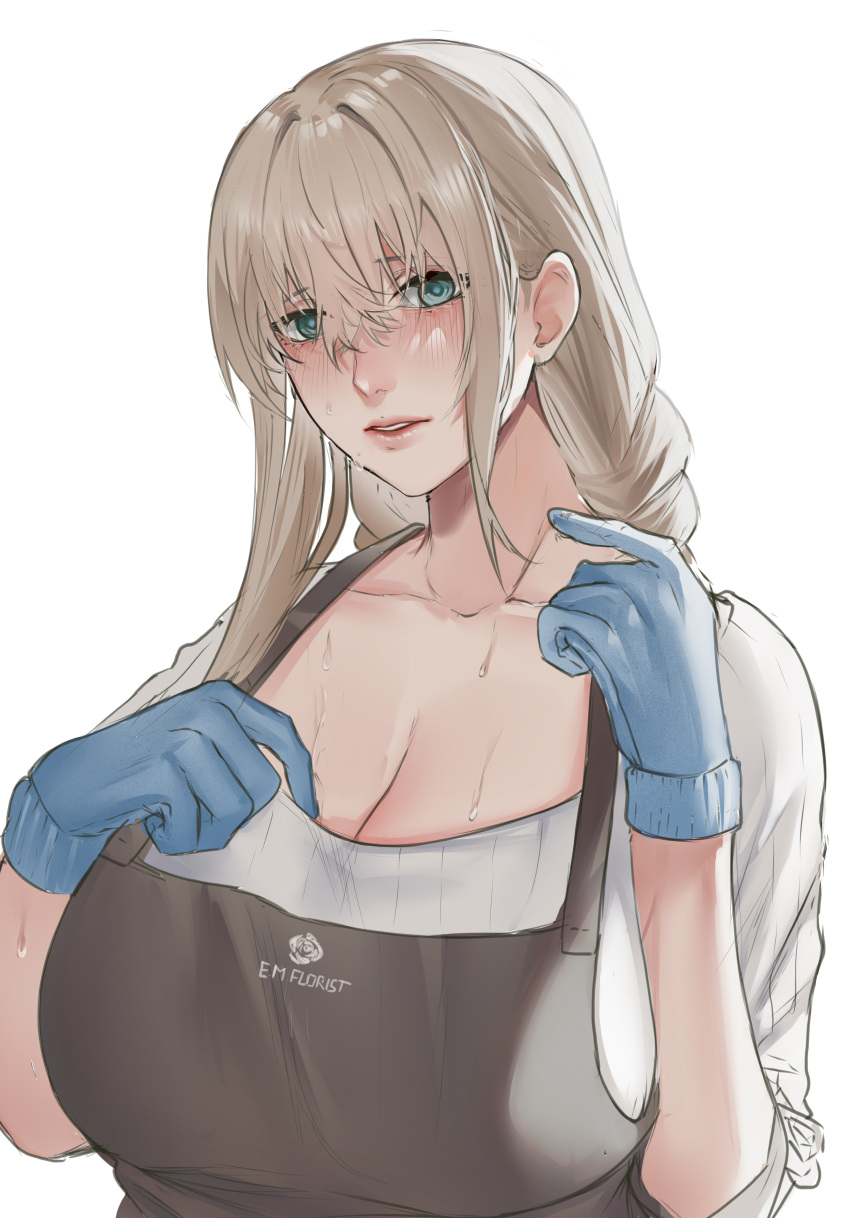 1girl absurdres apron blue_gloves blush breasts brown_apron cleavage collarbone gloves hair_between_eyes highres huge_breasts light_brown_hair looking_at_viewer mature_female milephunter original shirt simple_background solo sweat upper_body white_background white_shirt