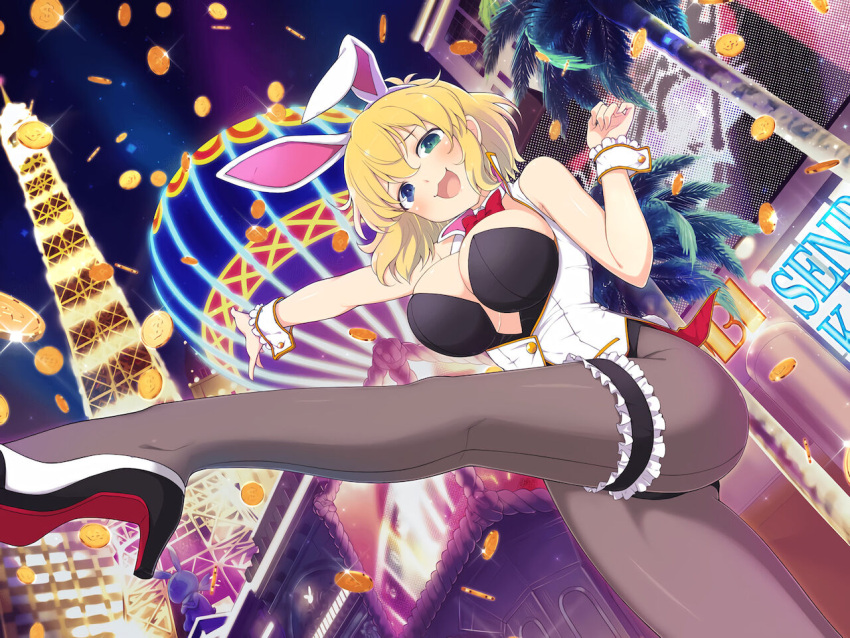 1girl 2021 :3 aircraft alternate_costume animal_ears armpit_crease ass back-seamed_legwear bare_shoulders black_leotard black_thighhighs blonde_hair blue_eyes blush bow bowtie breasts brown_pantyhose building buttons casino city_lights cleavage coin detached_collar earrings eiffel_tower fake_animal_ears fake_tail frilled_wristband frills from_below gold_coin green_eyes handstand happy heterochromia high_heels hot_air_balloon jewelry large_breasts leg_up leotard looking_at_viewer looking_down neon_lights night ninto_(senran_kagura) official_alternate_costume official_art one_arm_handstand open_mouth palm_tree pantyhose playboy_bunny rabbit_ears rabbit_tail red_bow red_bowtie ribbon roulette_table ryouna_(senran_kagura) screen seamed_legwear senran_kagura senran_kagura_new_link senran_kagura_shinovi_versus shiny_skin short_hair sky skyscraper smile solo standing standing_on_one_leg star_(sky) starry_sky table tail thigh_strap thighhighs tongue tower tree wrist_cuffs yaegashi_nan