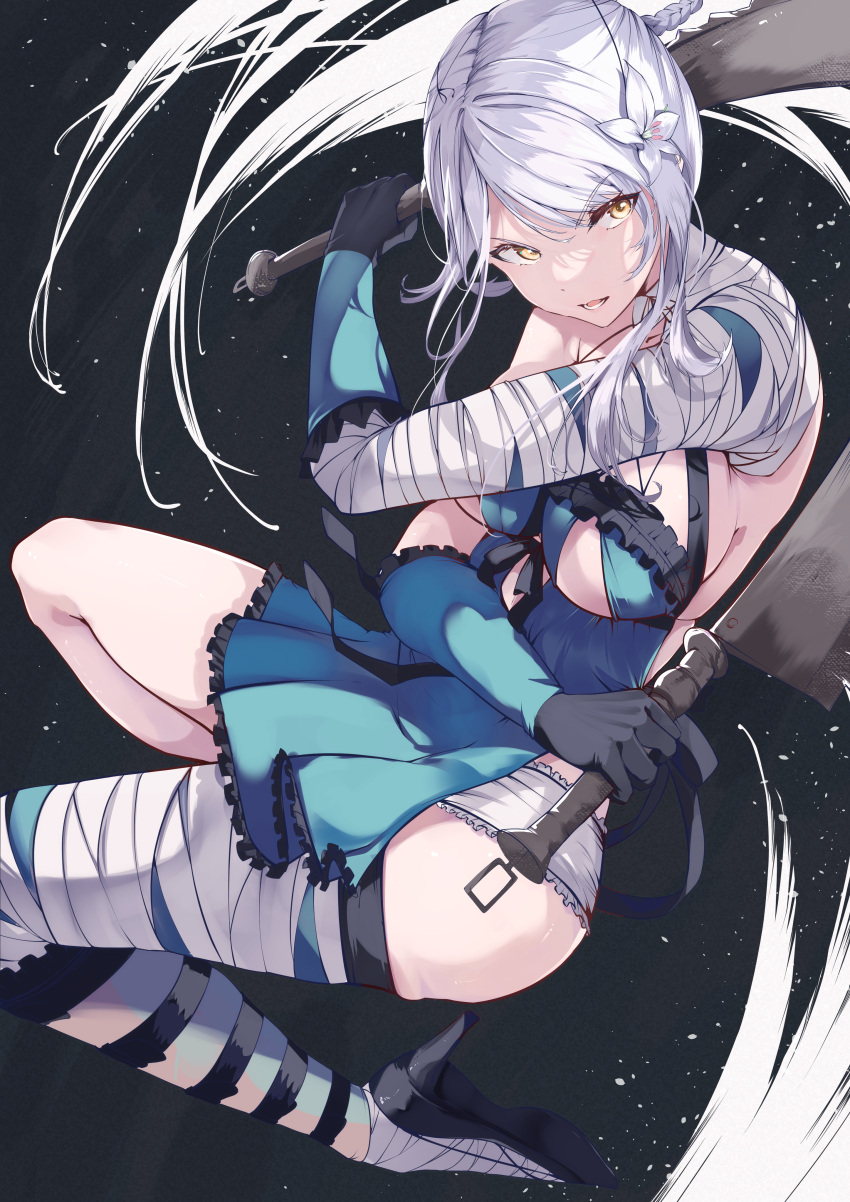 1girl absurdres bandaged_arm bandaged_leg bandages black_gloves braid breasts crossed_arms dual_wielding flower gloves hair_flower hair_ornament high_heels highres holding holding_sword holding_weapon kaine_(nier) lingerie nier nier_(series) open_mouth risumi_(taka-fallcherryblossom) single_bare_shoulder solo sword underwear weapon white_hair yellow_eyes