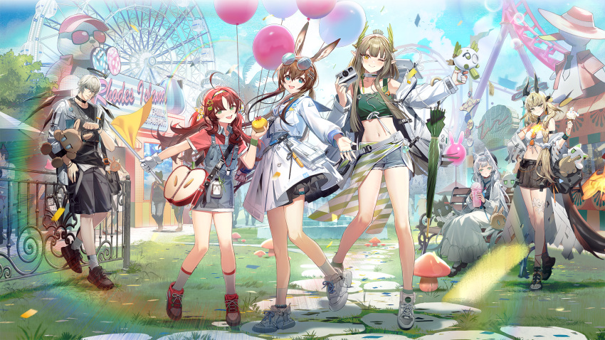 1boy 5girls ahoge amiya_(arknights) animal_ears apple arknights artist_request bag black_bag black_choker black_footwear black_halo black_shorts black_skirt black_wings blue_eyes blue_hairband blue_overalls blue_sailor_collar braid brown_hair camera choker choshanland_plushy_(arknights) closed_mouth closed_umbrella collarbone crop_top crossed_bangs cup denim_overalls detached_wings dress executor_(arknights) eyewear_hang eyewear_on_head flag food fruit full_body glasses gloves golden_apple green_eyes green_tank_top green_umbrella grey_hair hair_between_eyes hair_ornament hairband hairclip halo highres holding holding_camera holding_cup holding_flag holding_food holding_fruit holding_ice_cream holding_ice_cream_cone ice_cream ice_cream_cone jacket jewelry long_dress long_sleeves looking_at_viewer mary_janes miniskirt mole mole_under_eye muelsyse_(arknights) multiple_girls multiple_rings myrtle_(arknights) navel official_art one_eye_closed open_mouth orange-tinted_eyewear outdoors overall_skirt overalls parted_lips pointy_ears ponytail puffy_long_sleeves puffy_sleeves rabbit_ears rabbit_girl reaching reaching_towards_viewer red_footwear red_hair red_shirt reed_(arknights) ring rosmontis_(arknights) round_eyewear sailor_collar sailor_dress shirt shoes short_shorts short_sleeves shorts shoulder_bag sidelocks sitting skirt smile sneakers socks standing stitched stuffed_animal stuffed_rabbit stuffed_toy sunglasses tank_top teeth thigh_strap third-party_edit tinted_eyewear umbrella unworn_eyewear upper_teeth_only white_dress white_footwear white_gloves white_jacket white_shirt white_socks wing_hair_ornament wings yellow_eyes