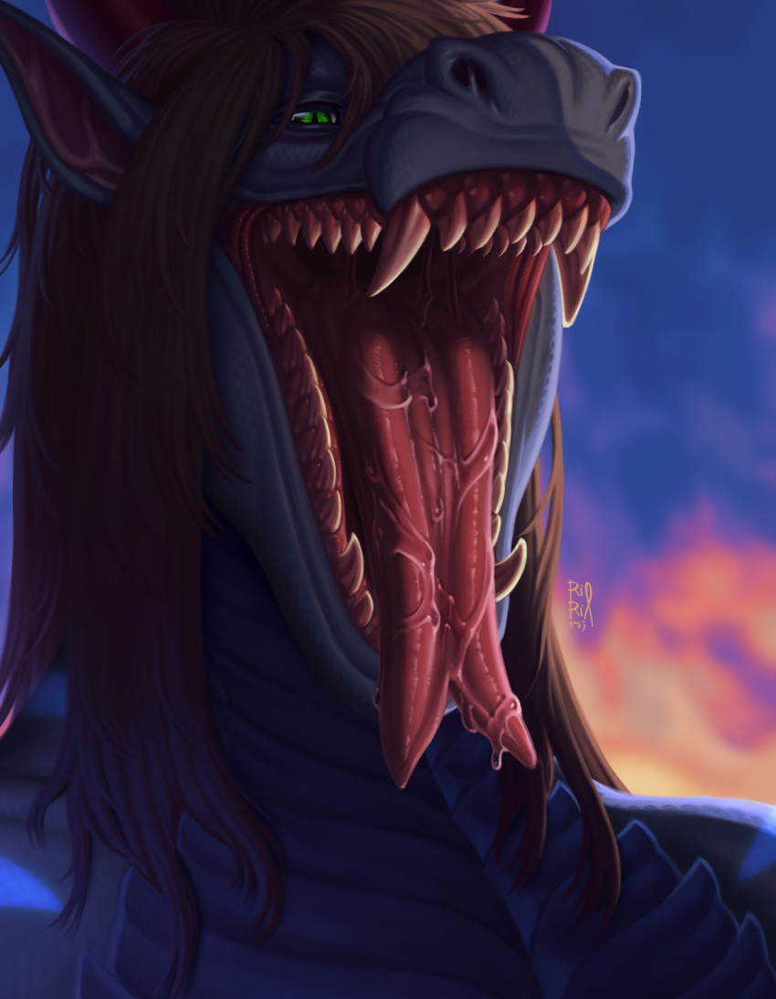 2023 ambiguous_gender anthro blue_body blue_scales bodily_fluids brown_hair bust_portrait dated dragon drooling fangs forked_tongue front_view glistening glistening_eyes green_eyes hair hi_res mouth_shot narrowed_eyes open_mouth portrait pupils red_tongue riorix saliva saliva_on_tongue scales scalie signature slit_pupils solo teeth tongue