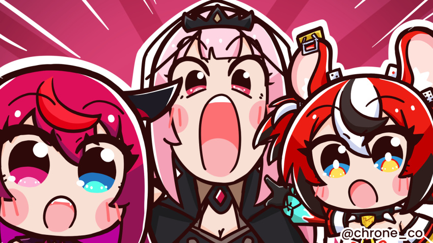 3girls :o animal_ears blue_eyes blush blush_stickers breasts chroneco cleavage dice_hair_ornament emphasis_lines hair_between_eyes hair_ornament hakos_baelz heterochromia highres hololive hololive_english irys_(hololive) long_hair meme mori_calliope mouse_ears multiple_girls open_mouth pink_background pink_eyes pink_hair red_eyes red_hair soyjak teeth twitter_username two_soyjaks_pointing_(meme) upper_teeth_only virtual_youtuber white_hair