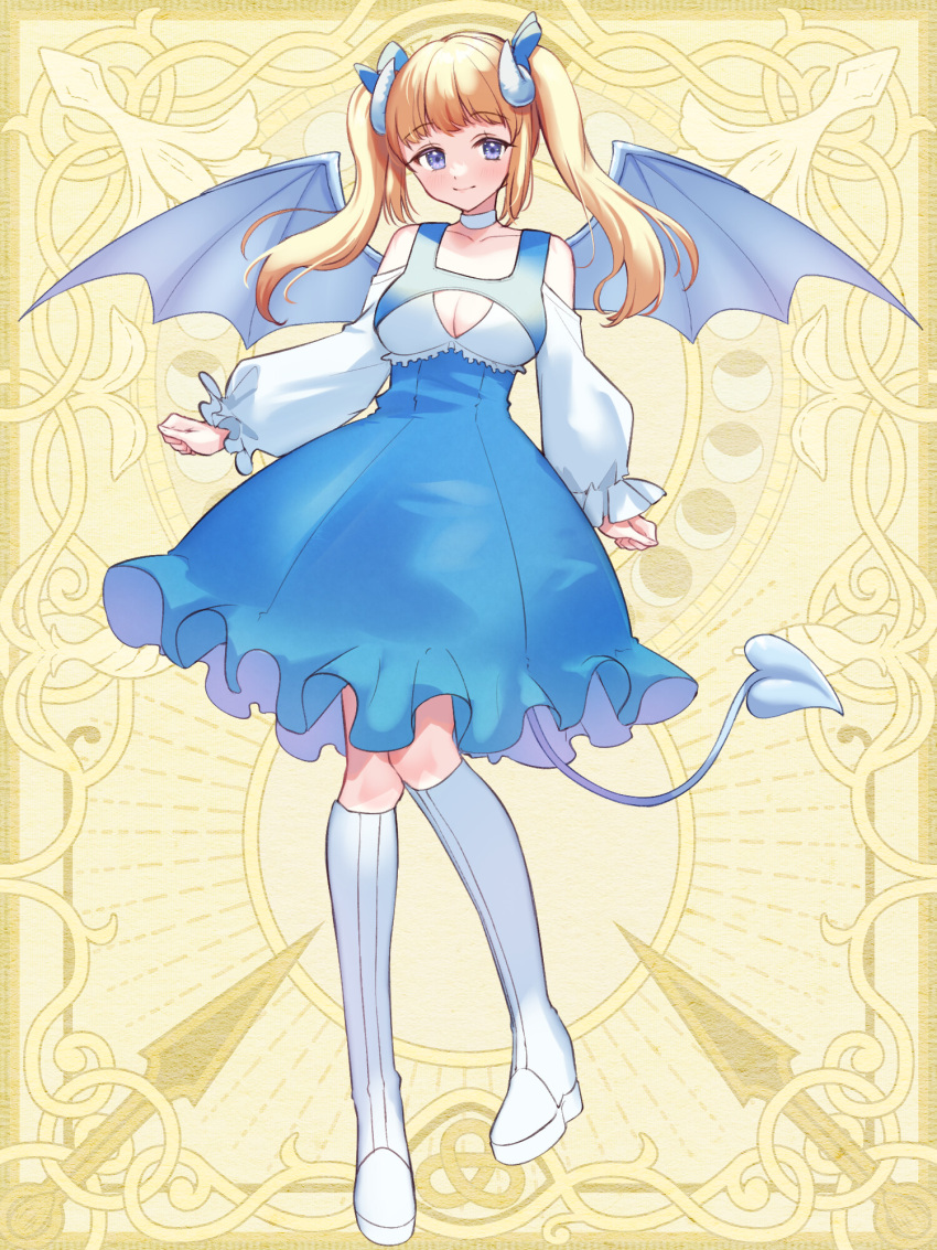 1girl blonde_hair blue_dress blue_wings boots breasts chain_paradox cleavage_cutout clothing_cutout dress full_body highres horns knee_boots long_sleeves medium_breasts natsume_alice puffy_long_sleeves puffy_sleeves solo twintails two-tone_dress umekichi_(tw) white_dress white_footwear white_horns wings yellow_background