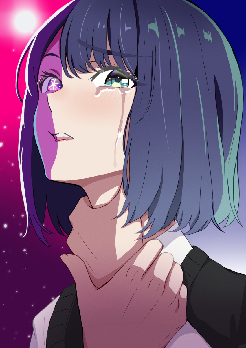 1girl absurdres black_sweater_vest blue_eyes blue_hair blush collared_shirt commentary_request crying crying_with_eyes_open english_commentary gradient_hair hand_on_own_neck highres kinomiki kurokawa_akane light_blue_hair light_particles long_sleeves looking_at_viewer mixed-language_commentary multicolored_hair open_mouth oshi_no_ko purple_eyes purple_hair school_uniform shade shirt short_hair solo split_theme sweater_vest tears teeth two-tone_background upper_body upper_teeth_only white_shirt