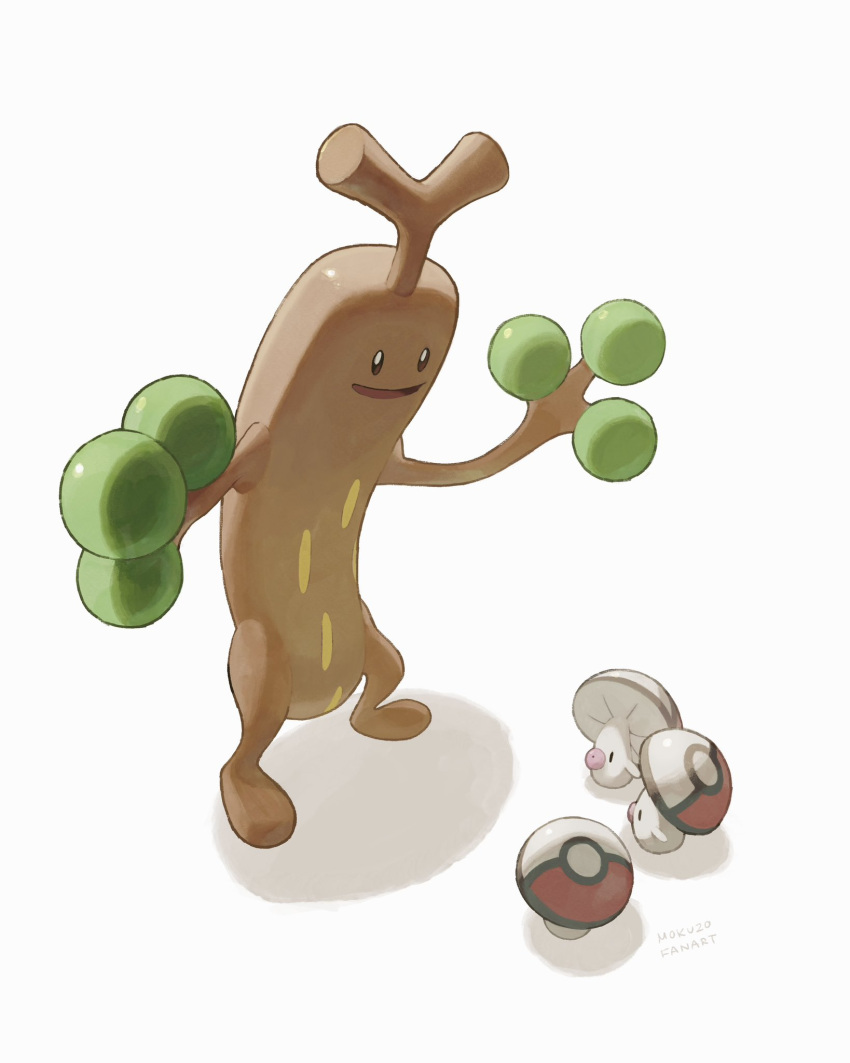 :d black_eyes foongus highres looking_down mokuzou_(moku_ssbu) no_humans open_mouth pokemon pokemon_(creature) signature smile solid_oval_eyes standing sudowoodo white_background