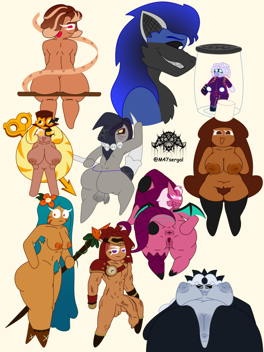 3:4 anthro big_breasts big_penis black_pearl_cookie breasts chocolate_bonbon_cookie cocoa_cookie cookie_run cum_jar cybernetics cyborg cyborg_cookie female genitals girly group hi_res humanoid licorice_cookie lychee_dragon_cookie m-47 machine male muscular penis pubes sergal short_stack slightly_chubby string_gummy_cookie thick_thighs tiger_lily_cookie timekeeper_cookie