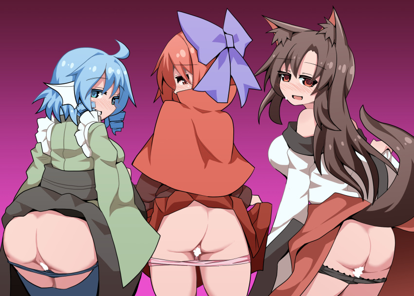 3girls :d animal_ears ass back bare_shoulders black_panties blue_eyes blue_hair blue_panties bow brown_hair cameltoe cape censored closed_eyes clothes_lift commission dress drill_hair fang fins grass_root_youkai_network green_kimono hair_bow head_fins heart highres honyaa_(honya--1123) imaizumi_kagerou japanese_clothes kimono lifted_by_self long_hair long_sleeves looking_at_viewer looking_back multiple_girls off-shoulder_dress off_shoulder open_mouth panties panty_pull pink_panties pixiv_commission purple_bow pussy red_cape red_eyes red_hair red_shirt red_skirt sekibanki shirt short_hair skin_fang skirt skirt_lift smile tail touhou twin_drills underwear wakasagihime white_dress wolf_ears wolf_girl wolf_tail