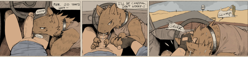 &lt;3 2020 4_fingers absurd_res anthro balls bethesda_softworks bodily_fluids bottomless cactus canid canine canis car clothed clothing collar color_edit colored comic coyote crotch_sniffing daftpatriot deep_throat desert detailed_background dialogue digital_media_(artwork) duo edit english_text fallout fellatio fingers first_person_view genitals half-closed_eyes hand_holding hi_res human humanoid_genitalia humanoid_penis hybrid inside_car long_image looking_at_viewer male male/male mammal narrowed_eyes night_stalker_(fallout) oral oral_penetration penetration penile penis penis_on_face penis_sniffing pit_viper plant rattle_(anatomy) reptile roadhead scalie sex shirt sitting smoking snake sniffing speech_bubble sweat talking_to_viewer tank_top text topwear unseen_character vehicle viper wide_image