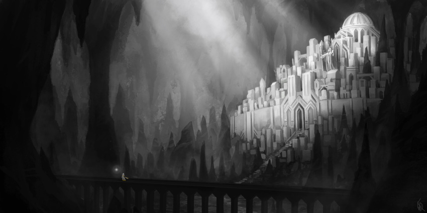 1other absurdres bridge building cave cloak day dome english_commentary fantasy floating floating_cape gate greyscale highres hood hooded_cloak idrawbagman landscape monochrome orb original scenery signature stairs stalactite stalagmite statue sunlight temple underground very_wide_shot village walking wall white_cloak