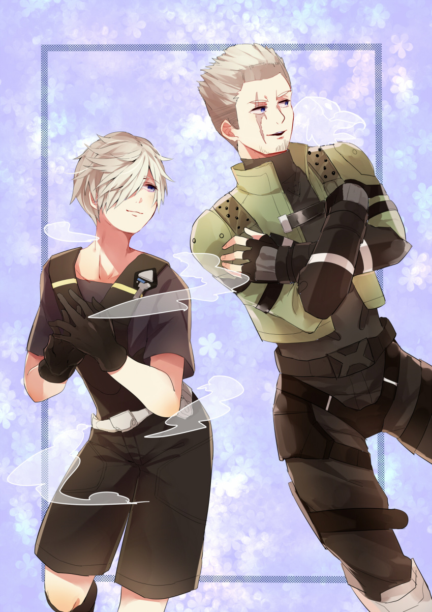 2boys black_gloves blonde_hair brothers crossed_arms facial_hair fingerless_gloves frye_christoph gloves green_jacket hair_over_one_eye highres jacket mirin. multiple_boys phog_christoph scar scar_over_eye shirt shorts siblings smoke stubble t-shirt xenoblade_chronicles_(series) xenoblade_chronicles_x