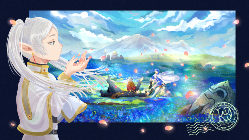 1girl 3boys artist_name beard belt blue_eyes blue_flower blue_hair boots border cape capelet dated dwarf earrings eisen_(sousou_no_frieren) elf facial_hair fake_horns field flower flower_field frieren gold_trim green_hair heiter helmet highres himmel_(sousou_no_frieren) horned_helmet horns ikuko_(ttps80126) jewelry long_sleeves lying mountain multiple_boys on_back petals pointy_ears robe sitting sousou_no_frieren sword twintails watermark weapon white_cape white_hair