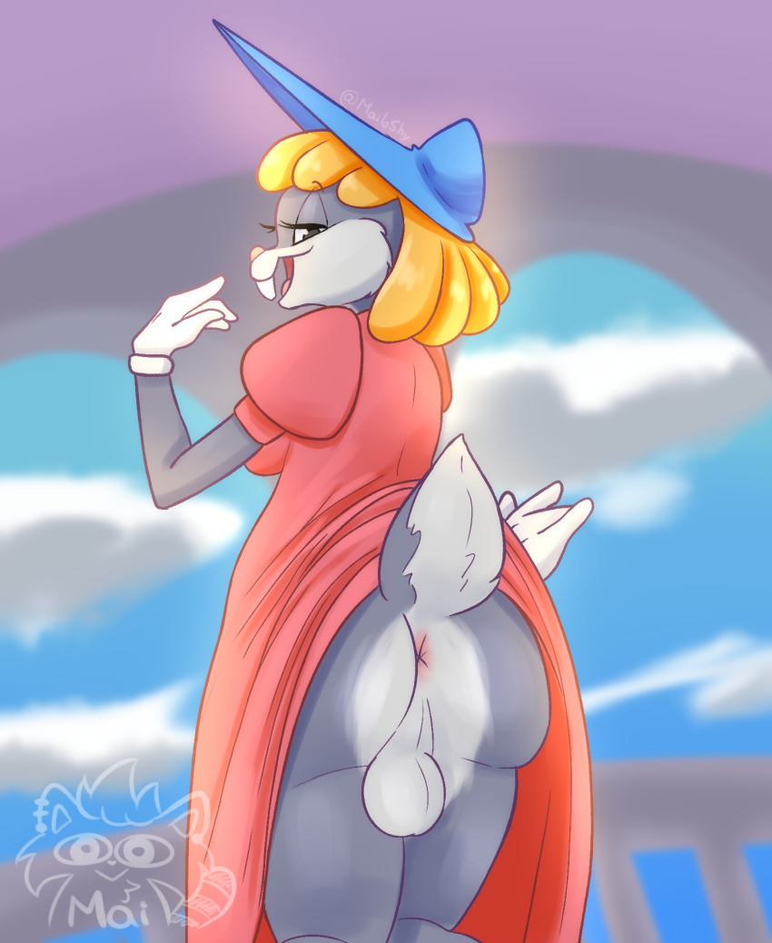 anthro anus balls blonde_hair bugs_bunny butt cheek_tuft clothing dress dress_up facial_tuft female fur genitals gloves grey_body grey_fur gynomorph gynomorph/female hair handwear hat headgear headwear hi_res intersex intersex/female lagomorph legwear leporid looney_tunes mailoshy mammal multicolored_body offering_to_viewer pink_clothing pink_dress presenting presenting_anus presenting_balls presenting_hindquarters rabbit short_hair short_tail smile smiling_at_viewer solo tail tights tuft two_tone_body warner_brothers white_body white_fur