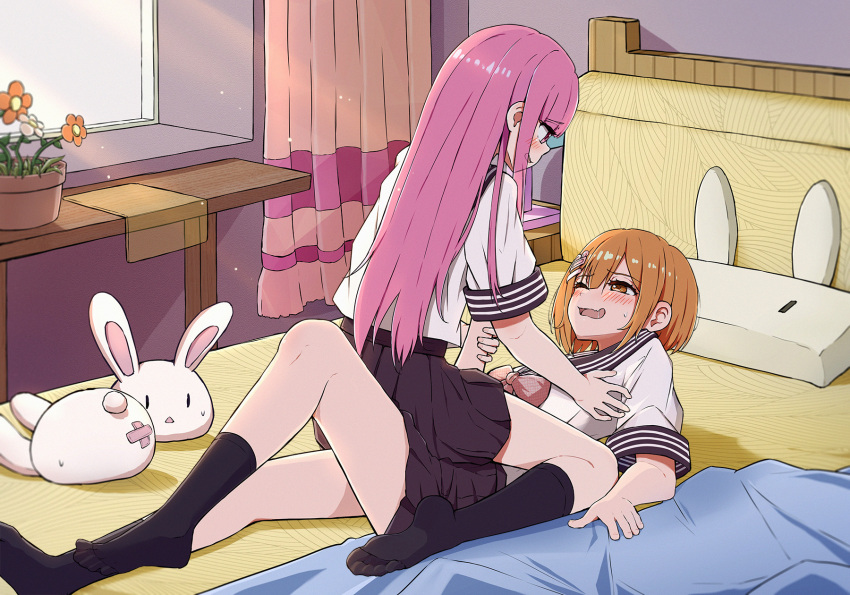 2girls bedroom black_skirt black_socks blunt_bangs bow bowtie curtains feet flower_pot full_body hair_ornament hand_on_another's_chest highres indoors knee_up legs long_hair looking_at_another lying medium_hair miniskirt multiple_girls no_shoes on_back on_bed one_eye_closed open_mouth orange_hair original parted_bangs pink_hair plant potted_plant qiufengxiaose red_bow red_bowtie school_uniform serafuku short_sleeves sitting sitting_on_person skirt socks soles thighs tickling toes window yuri