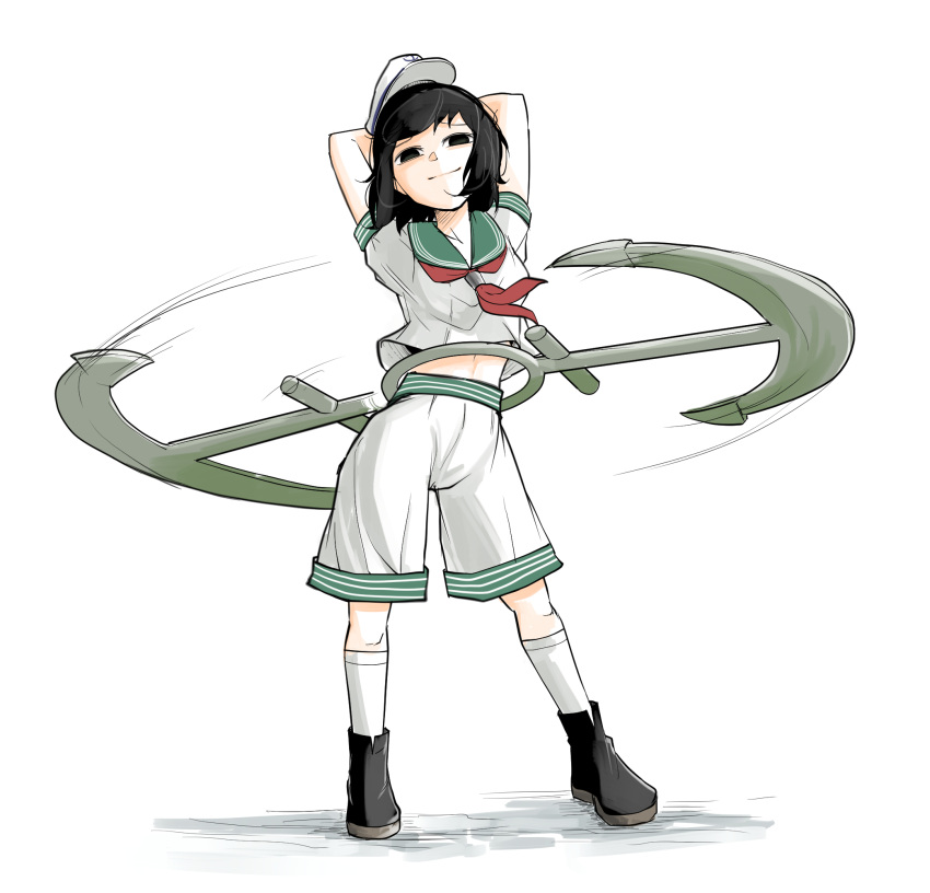 &lt;o&gt;_&lt;o&gt; 1girl anchor arms_behind_head black_eyes black_hair boots contrapposto hat highres hoop hula_hoop kneehighs motion_lines murasa_minamitsu neckerchief peroponesosu. red_neckerchief sailor_collar sailor_hat sailor_shirt shirt short_hair short_sleeves shorts smile socks solo standing swinging touhou white_shirt