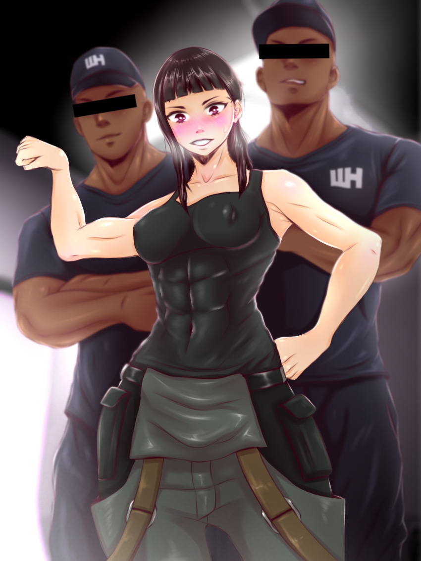 1girl abs black_tank_top blush breasts en'en_no_shouboutai highres long_hair maki_oze muscular muscular_female non-web_source purple_eyes smile tank_top tied_jumpsuit