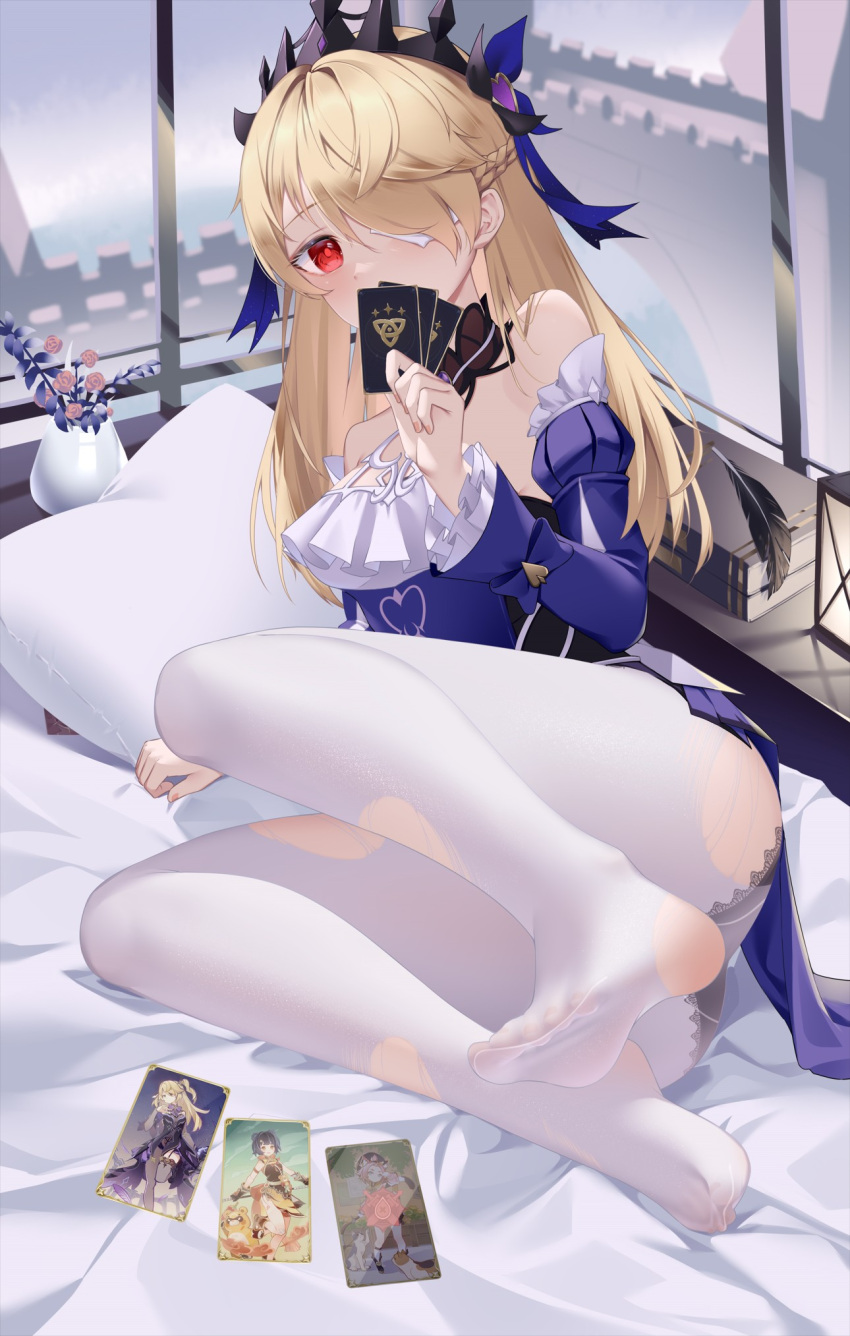 1girl bare_shoulders bed_sheet bingchuan_xian_yu_huang black_panties blonde_hair blush book bow breasts detached_sleeves dress eyepatch feet fischl_(ein_immernachtstraum)_(genshin_impact) fischl_(genshin_impact) frills genius_invokation_tcg genshin_impact hair_over_one_eye hair_ribbon highres jewelry lamp long_hair long_sleeves looking_at_viewer medium_breasts official_alternate_costume on_bed panties panties_under_pantyhose pantyhose pillow purple_dress red_eyes ribbon see-through solo strip_game thighhighs tiara torn_clothes torn_pantyhose underwear white_thighhighs window