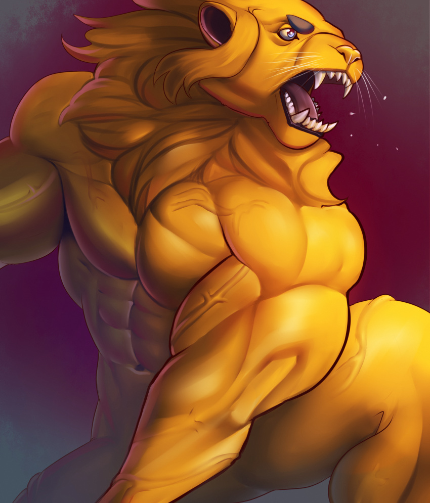 abs animal_humanoid anthro biceps big_muscles digital_media_(artwork) fangs felid fur hair hi_res holland humanoid lion male mammal mane marsel-defender muscular muscular_anthro muscular_male muscular_thighs netherlands nude open_mouth orange_body orange_fur pantherine pecs pose roaring sharp_teeth simple_background solo tan_body tan_fur teeth tongue triceps vein veiny_muscles