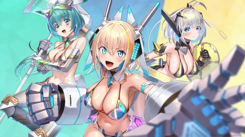 3girls :d ahoge antenna_hair armor axe bikini bikini_armor black_bikini blonde_hair blue_background breasts closed_mouth commentary_request gariben_girl_v green_background grey_hair headgear highres holding holding_axe holding_weapon large_breasts looking_at_viewer mechanical_arms multicolored_background multiple_girls official_art open_mouth short_hair smile swimsuit takamine_nadare weapon yellow_background