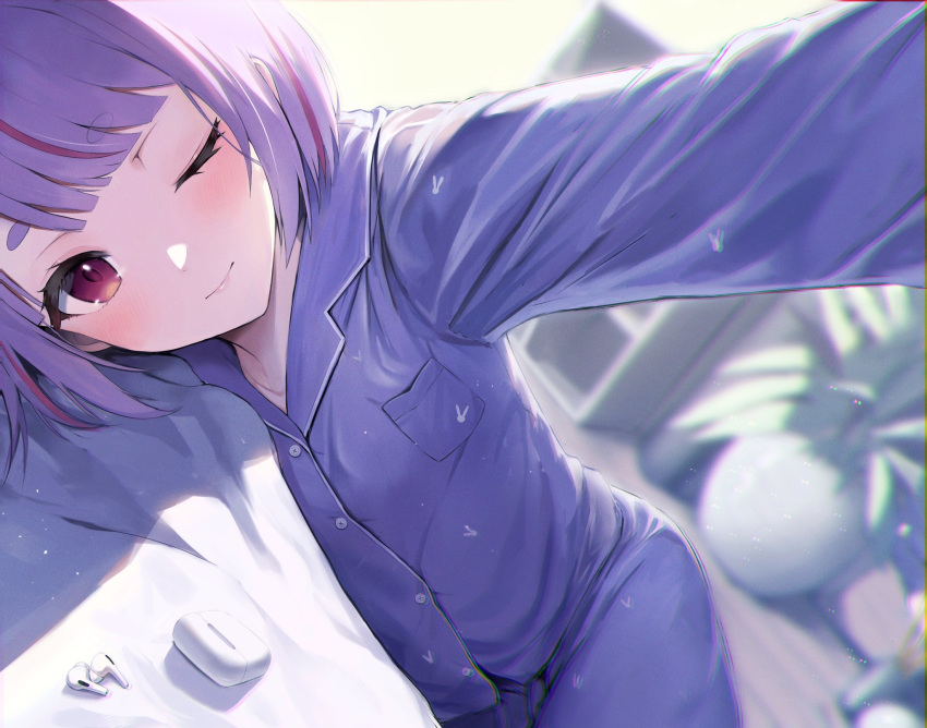 1girl airpods bed_sheet blunt_bangs blurry blurry_background blush breast_pocket cattleya_regina_games closed_mouth hand_up highres long_sleeves lying on_side one_eye_closed pajamas pants plant pocket potted_plant purple_hair purple_pajamas purple_pants purple_shirt reaching reaching_towards_viewer red_eyes shelf shirt short_hair smile thick_eyebrows tosaki_mimi virtual_youtuber vspo! wireless_earphones yotsugi