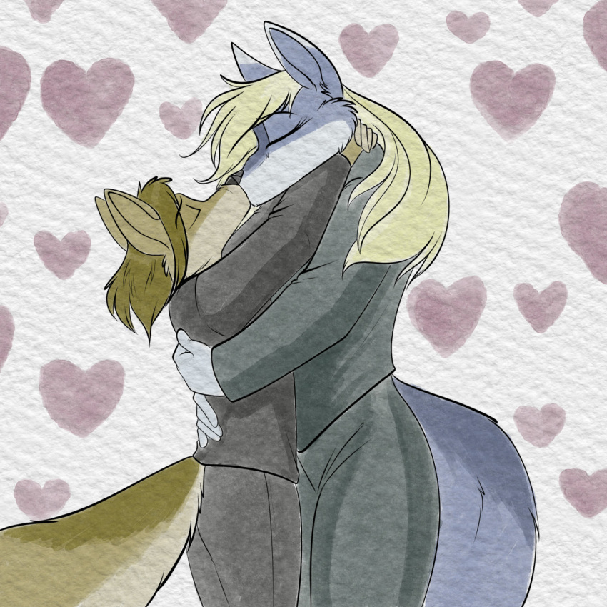 &lt;3 2021 anthro black_nose blonde_hair blue_body blue_fur brown_body brown_fur brown_hair canid canine canis charity_cross clothed clothing coyote dipstick_ears duo eric_cross eyes_closed female foxenawolf fur hair hi_res kissing male male/female mammal multicolored_ears tail wolf