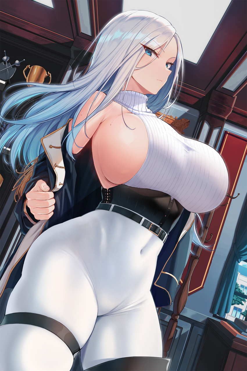 1girl bare_shoulders belt black_belt black_footwear blue_eyes blue_hair boots breasts character_request closed_mouth commentary_request copyright_request covered_navel gradient_hair highres kook korean_commentary large_breasts long_hair long_sleeves looking_at_viewer multicolored_hair off_shoulder pants sideboob thigh_boots thigh_strap thighs turtleneck white_hair white_pants