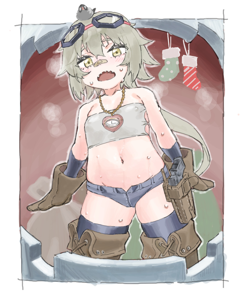 1girl animal_on_head bandaid bandaid_on_face bandaid_on_nose bare_shoulders bird bird_on_head boots christmas_stocking clock_necklace covered_nipples flat_chest girls'_frontline grey_hair gun handgun heart-shaped_clock highres holster hs2000_(girls'_frontline) hs2000_(warm-hearted_tin_man)_(girls'_frontline) long_hair looking_at_viewer meshiya micro_shorts midriff navel official_alternate_costume on_head open_mouth ponytail sharp_teeth shorts solo strapless sweat teeth thigh_boots thighhighs thighhighs_under_boots tube_top very_long_hair weapon yellow_eyes