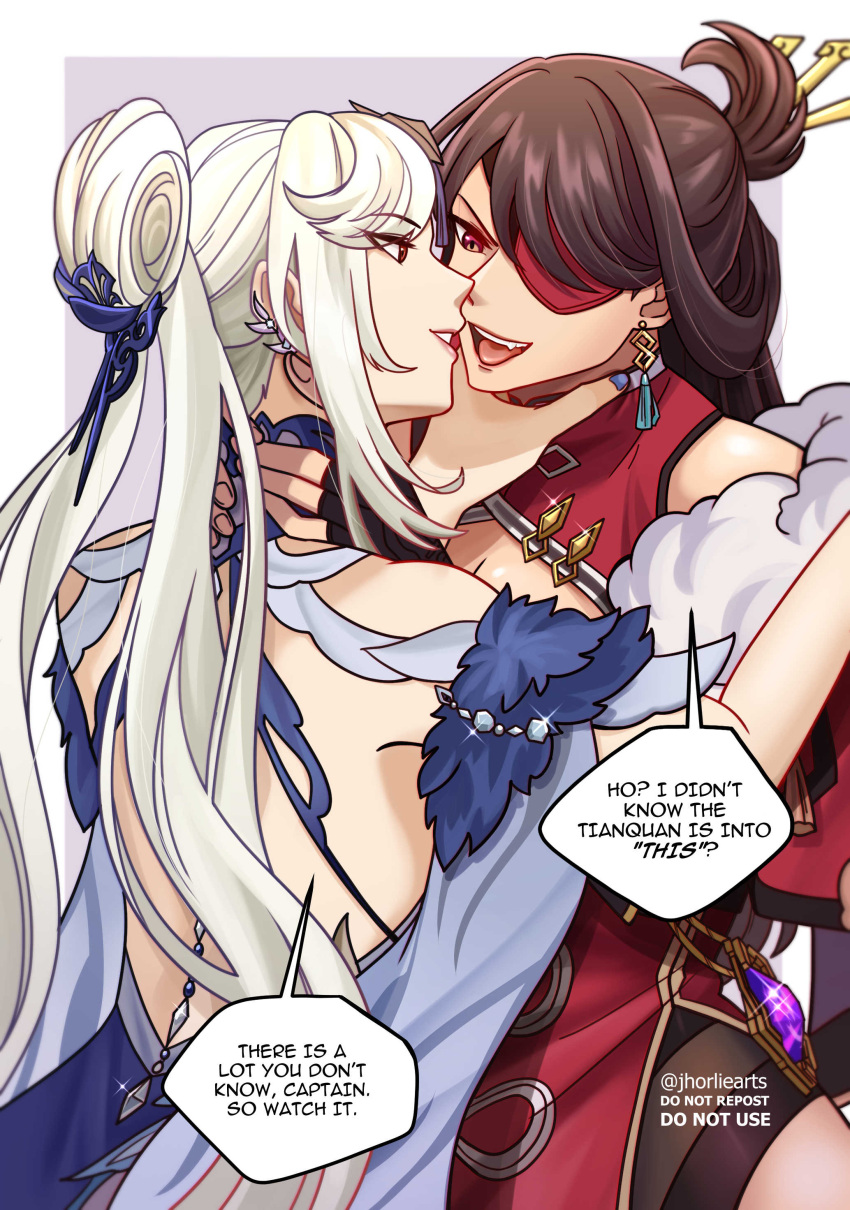 2girls absurdres beidou_(genshin_impact) brown_hair earrings english_text eyepatch genshin_impact highres jewelry jhorliearts long_hair multiple_girls ningguang_(genshin_impact) parted_lips strangling tassel tassel_earrings teeth tongue upper_teeth_only white_hair yuri