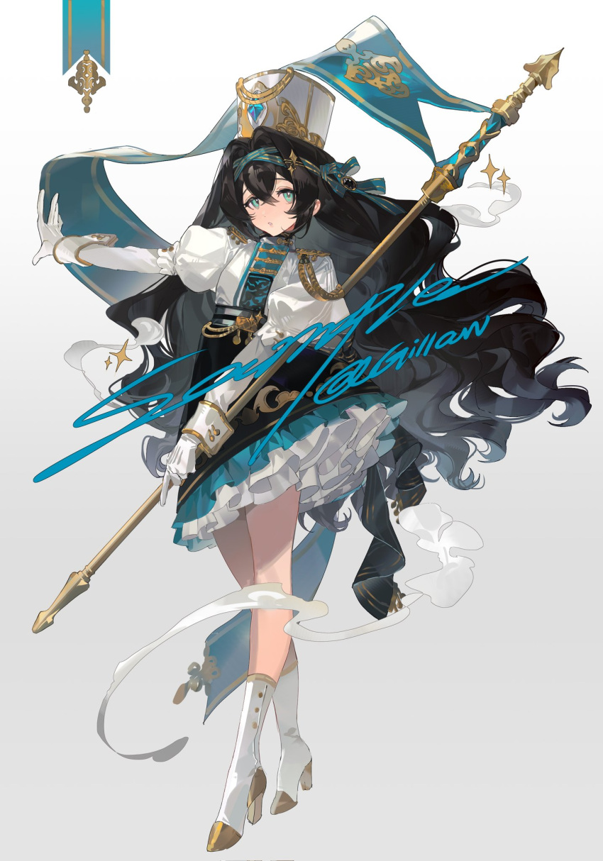 1girl bare_legs black_hair blue_eyes blue_ribbon boots bow dress english_text gillannn gloves grey_background hair_between_eyes hair_bow hair_ornament hat highres holding holding_staff long_hair long_sleeves looking_at_viewer open_mouth original puffy_sleeves ribbon sidelocks simple_background solo staff standing very_long_hair white_footwear white_gloves white_headwear