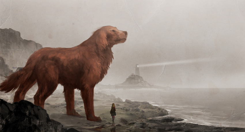 1girl animal animal_focus clifford_(dog) clifford_the_big_red_dog dog emily_elizabeth island lighthouse ocean outdoors oversized_animal realistic sandara scenery standing water